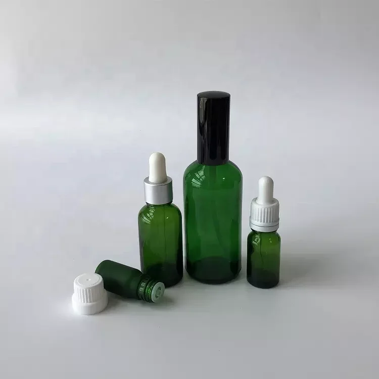 Pipette Dropper Cosmetic Packaging Dark Green Essential Oil Glass Bottle With Basket Dropper