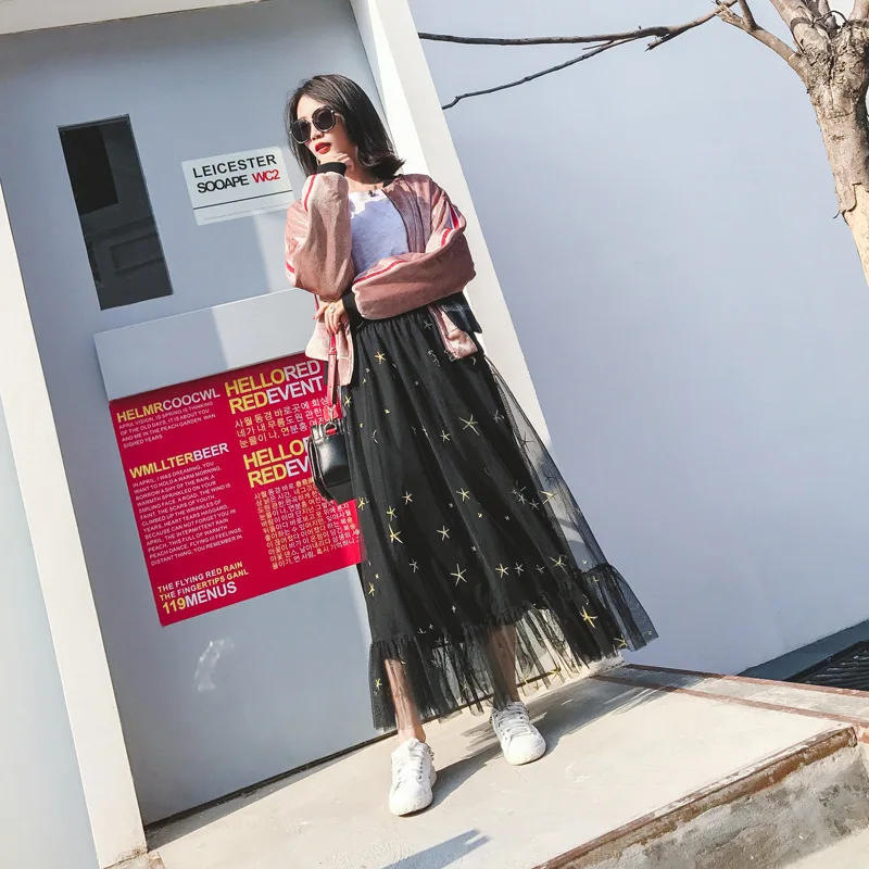 Summer high quality  korean embroidery fashion black long skirt