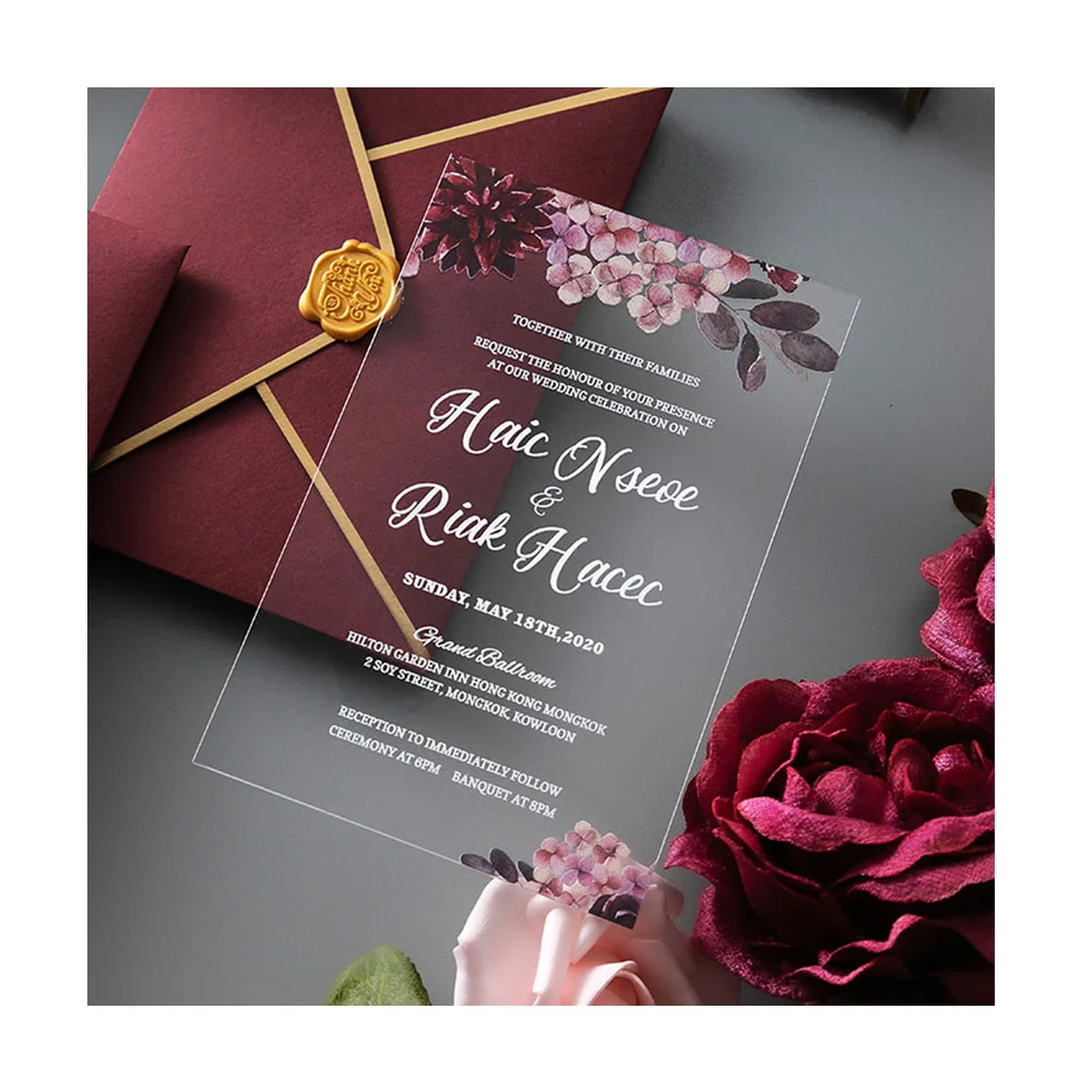 Luxury custom acrylic silk screen flower wedding invitation greeting cards