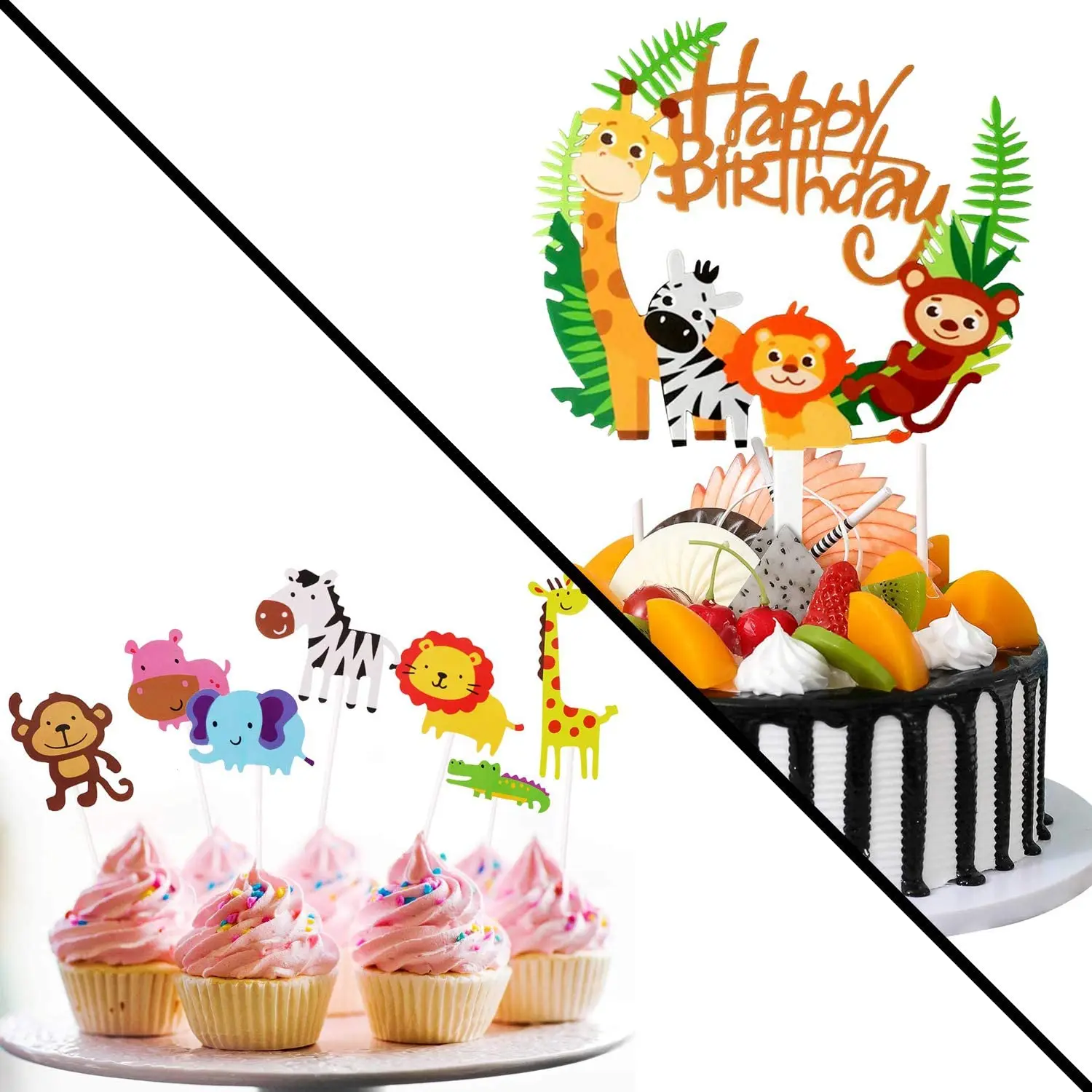 Animal Cake Topper 1pcs Zoo Animal Happy Birthday Banner, 35 Animal Cupcake Topper for Kid Birthday Party Decoration Jungle