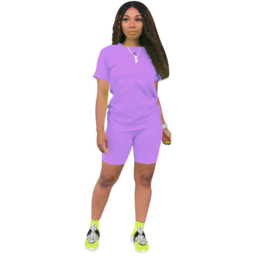 Spring sportswear casual round neck short ensembles two piece sets for ladies breathable solid logo custom 2 piece set women