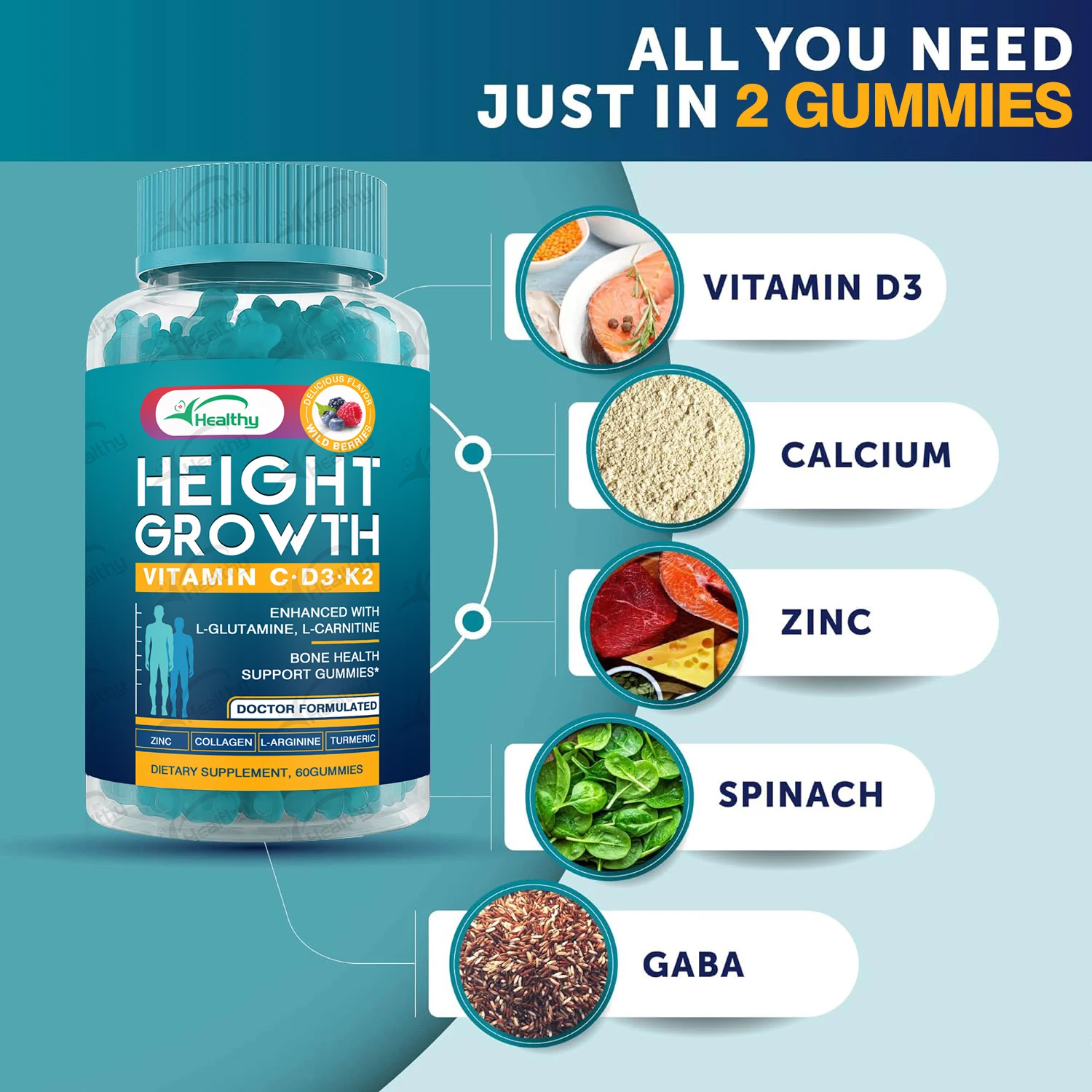 Height Growth Gummies Supplement for Kid Teens with Ashwaganda Calcium Height Increase Vitamins Bone Strength Grow Taller