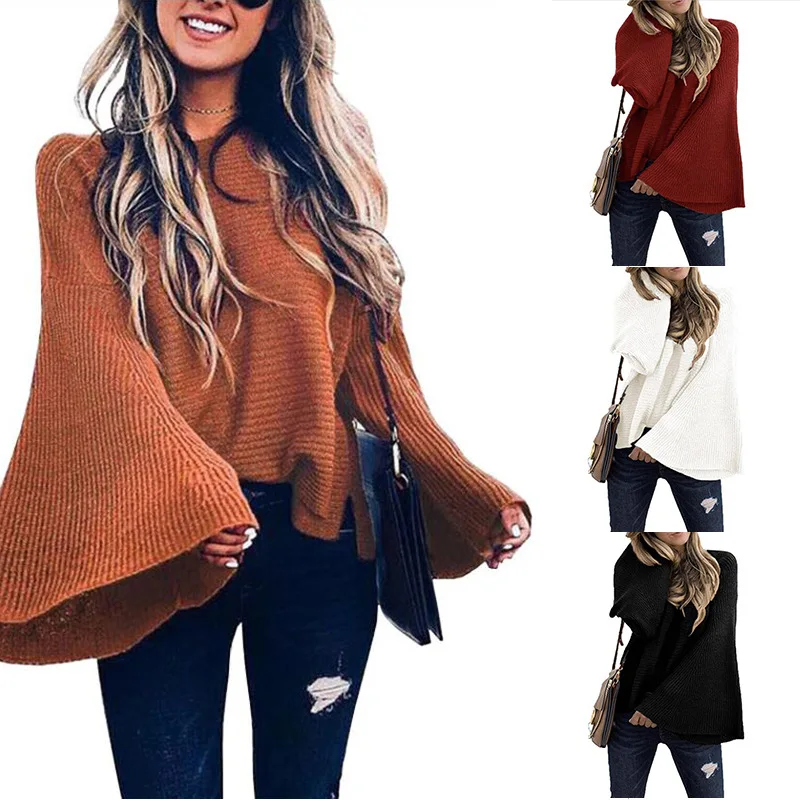 
2021 New Fashion womens plus size Loose flared sleeves pullover sweater jumper 