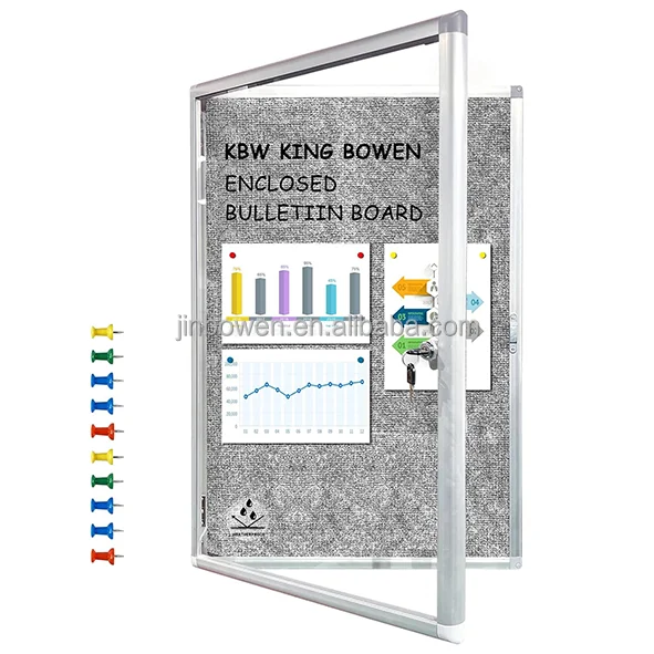 KBW 36x24 inch School Office Hotel Enclosed Bulletin Pin Fabric Boards Tamperproof Notice Case for Message Memo Photo Grey