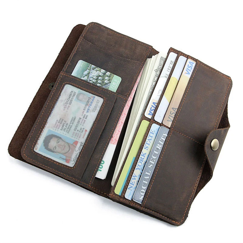 100% Handmade Crazy Horse Leather Long Card Holder Slim Bifold Cow Leather Men Wallet Wholesale
