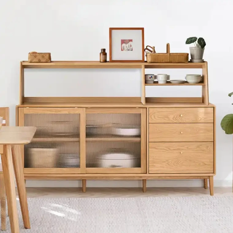 Oak solid wood sideboard cabinet Wooden Sideboard Buffet with Glass Doors Shelves and Drawers, Large Storage Cabinet