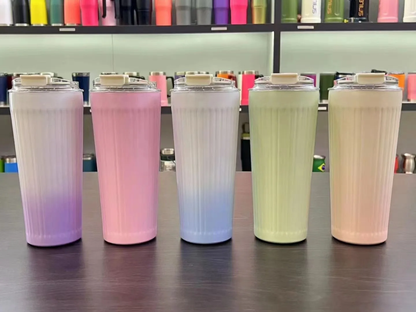 Stainless Steel 304 Vacuum Insulation Cup Striped Straight Bottle Double Drink Hand -Coffee MUG