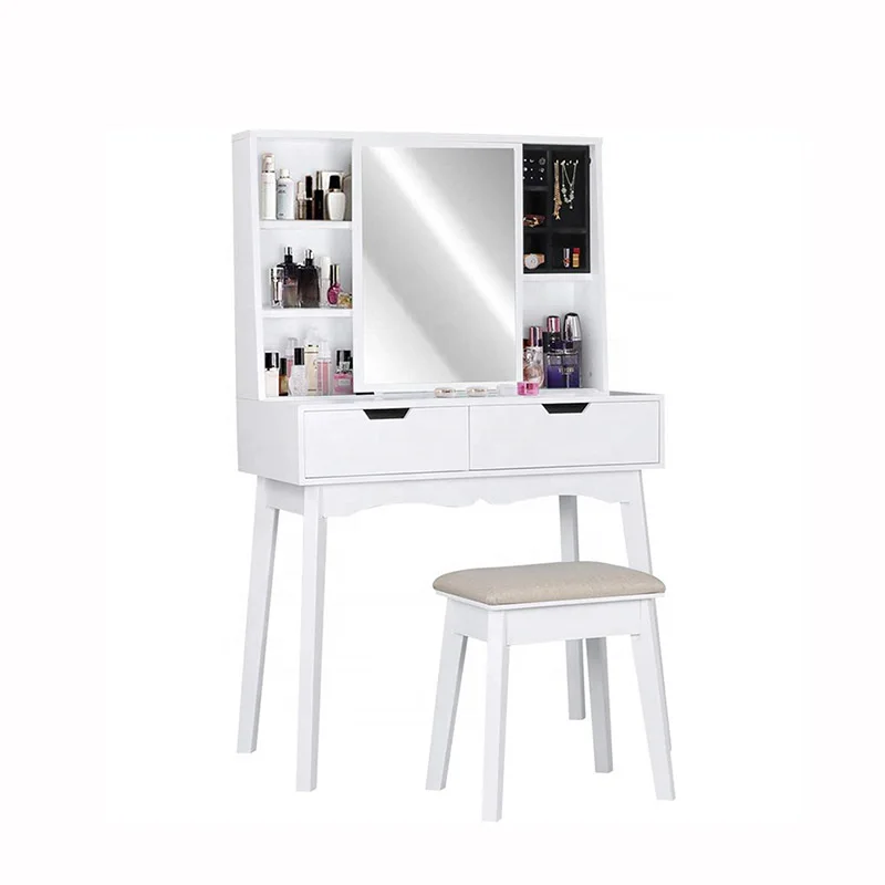 Luxury white all in one make up dressing table makeup vanity dresser large slide mirror wood bedroom furniture trade