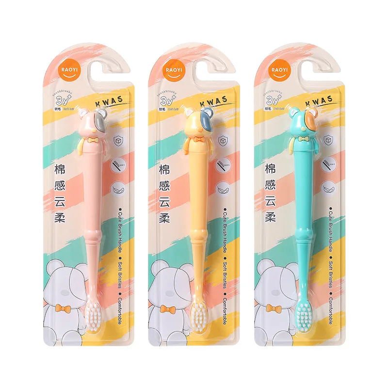 Wholesale High quality super fine gum care age 3-12 kids child portable travel cartoon bear 0.12mm soft bristles toothbrush