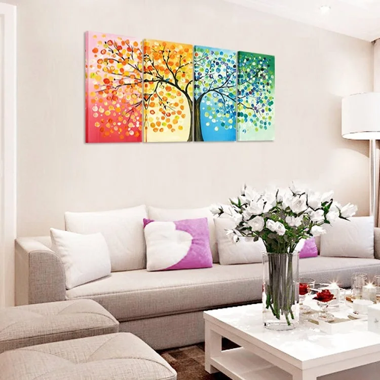 Custom 4 Seasons Colorful Lucky Tree Painting Canvas Wall Art Abstract Contemporary Oil Paintings for Living Room Decoration
