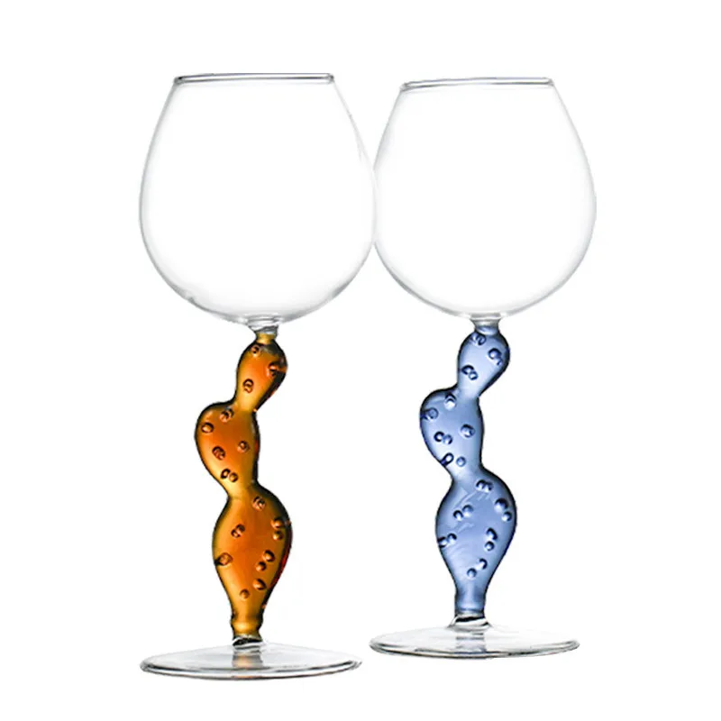 Wholesale customized nordic cactus shaped goblet red wine glasses creative colored cactus stem wine glass