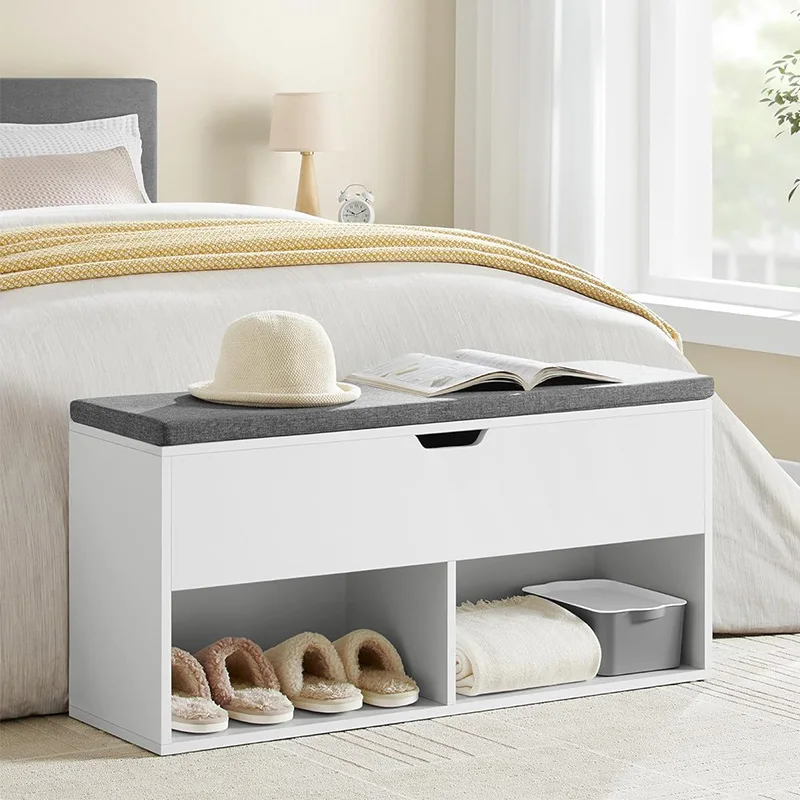 Modern Hallway White Shoe Storage Bench Home Wooden Storage Chest With Cushion Seat