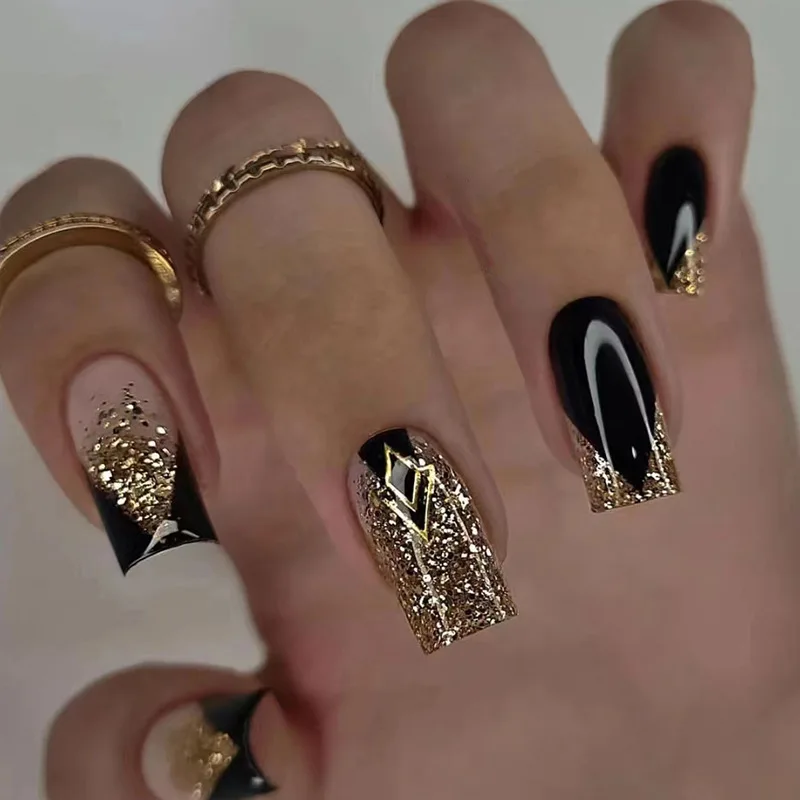 Black Gold Long Square Fakes Nails Designs Acrylic Glossy Nails Press On With Sequins