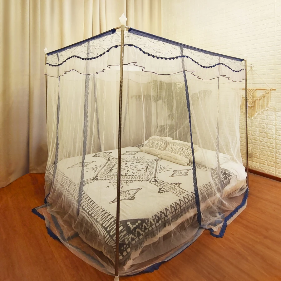 Blue Classic Double Rectangular Tent Mosquito Net with Metal Stands Foldable for Outdoor Camping Travel Home Door Use King Size