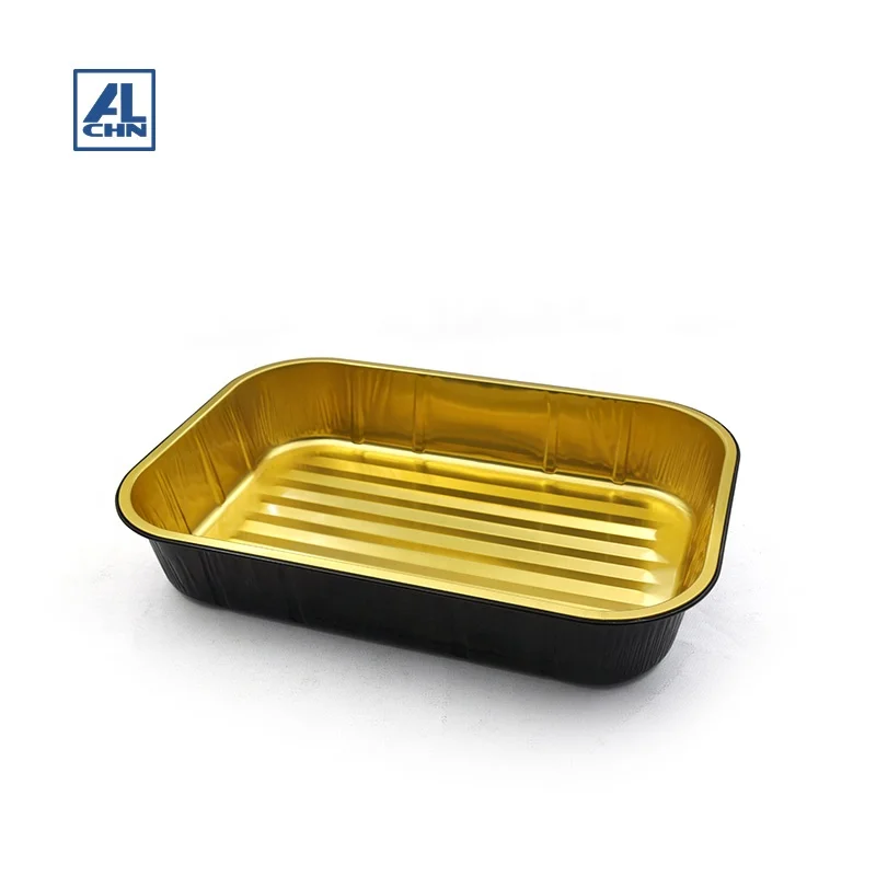 Золото внутри, черный снаружи 3500 мл/123 унций пищевая большого размера контейнеры для еды на вынос упаковка барбекю контейнер из алюминиевой фольги с прозрачными крышками оптом