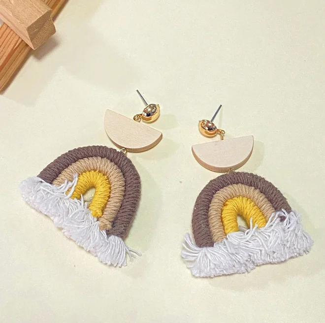 Bohemia Popular handmade rainbow fringe wood splicing versatile personalized earrings for women
