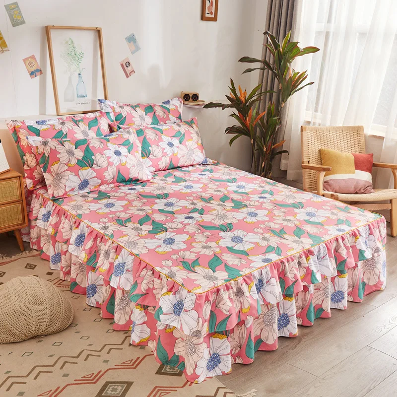Hiqh Quality Bed Skirts Set Double Layer Bedspread Floral Printed Bed Sheet Bilateral Bed Skirt Bedding Bedsheet