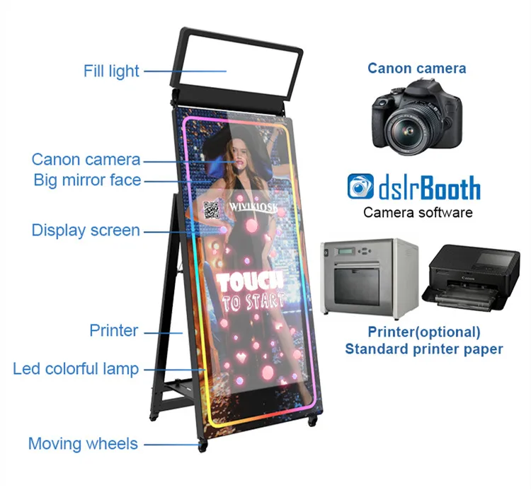 US Warehouse Selfie Kiosk Ring Light Beauty Mirror Photo Booth With Software Wholesale Selfie Touch Screen Photo Booth Mirror