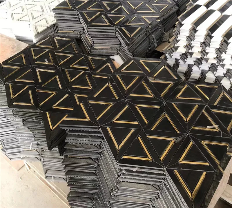 
Triangle shape Marble Tile China Factory Polished White And Black Marble Brass Mosaic 