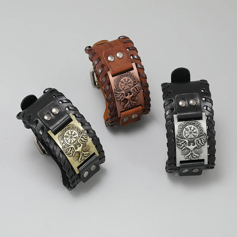 Nordic style Viking compass leather bracelet Retro punk jewelry vikings valhalla bangle for men