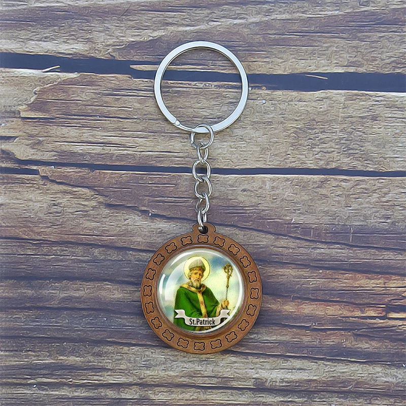 Christian Wooden Trinket 12 Saint Glass Cabochon Keychain Saint Therese Keyring Saint Anthony Pendant Religious Jewelry