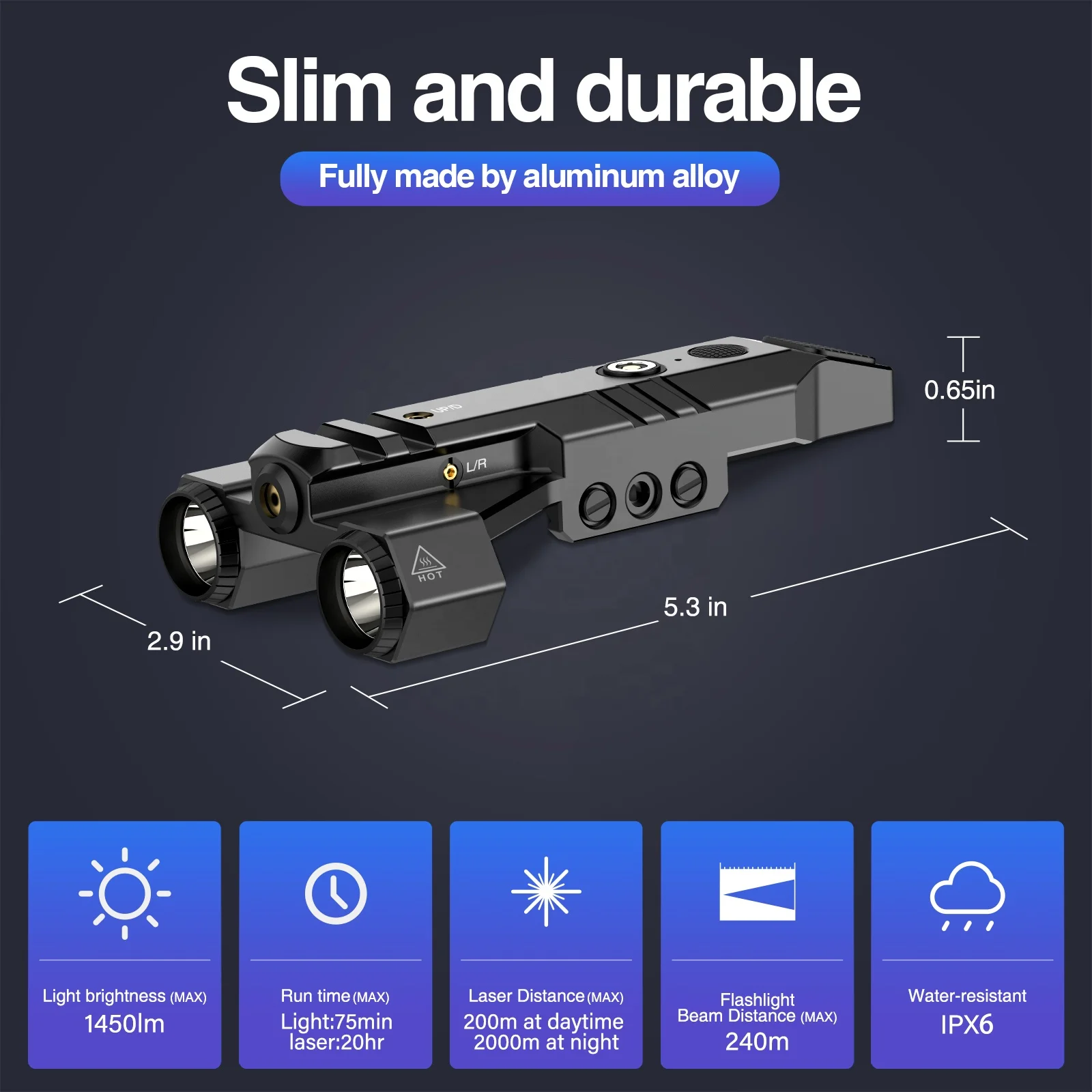 2024 New Dual Lens 1450 Lumen Tactical Flashlight with Green Laser Beam Combo, Low Profile Design Rechargeable