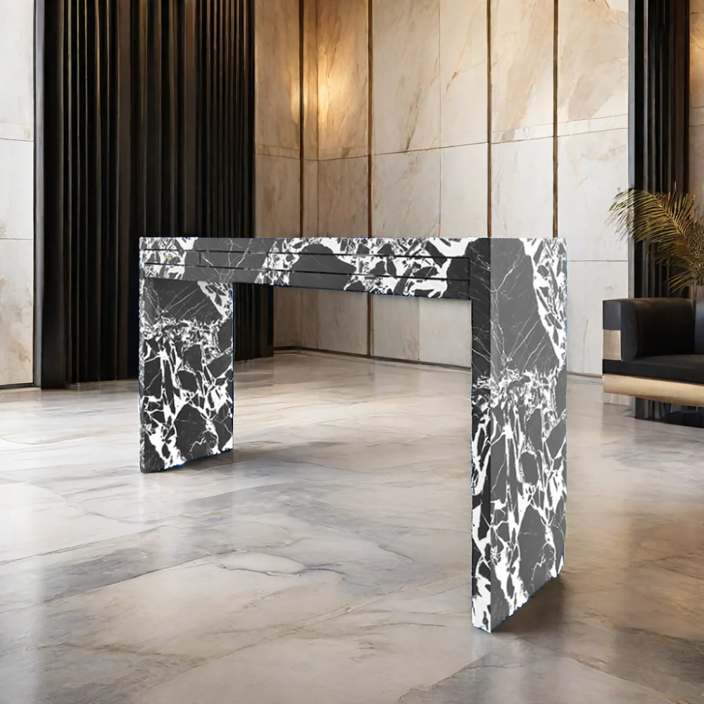 Modern Black Console Table with Travertine Handcrafted Bench Casual Fashion Design featuring Marble Table Top
