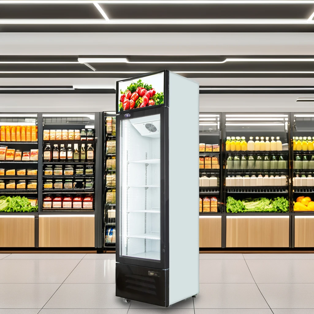 Commercial Single Temperature Upright Single Glass Door Display Fridge Supermarket LED Light Cool Climate Store Drink