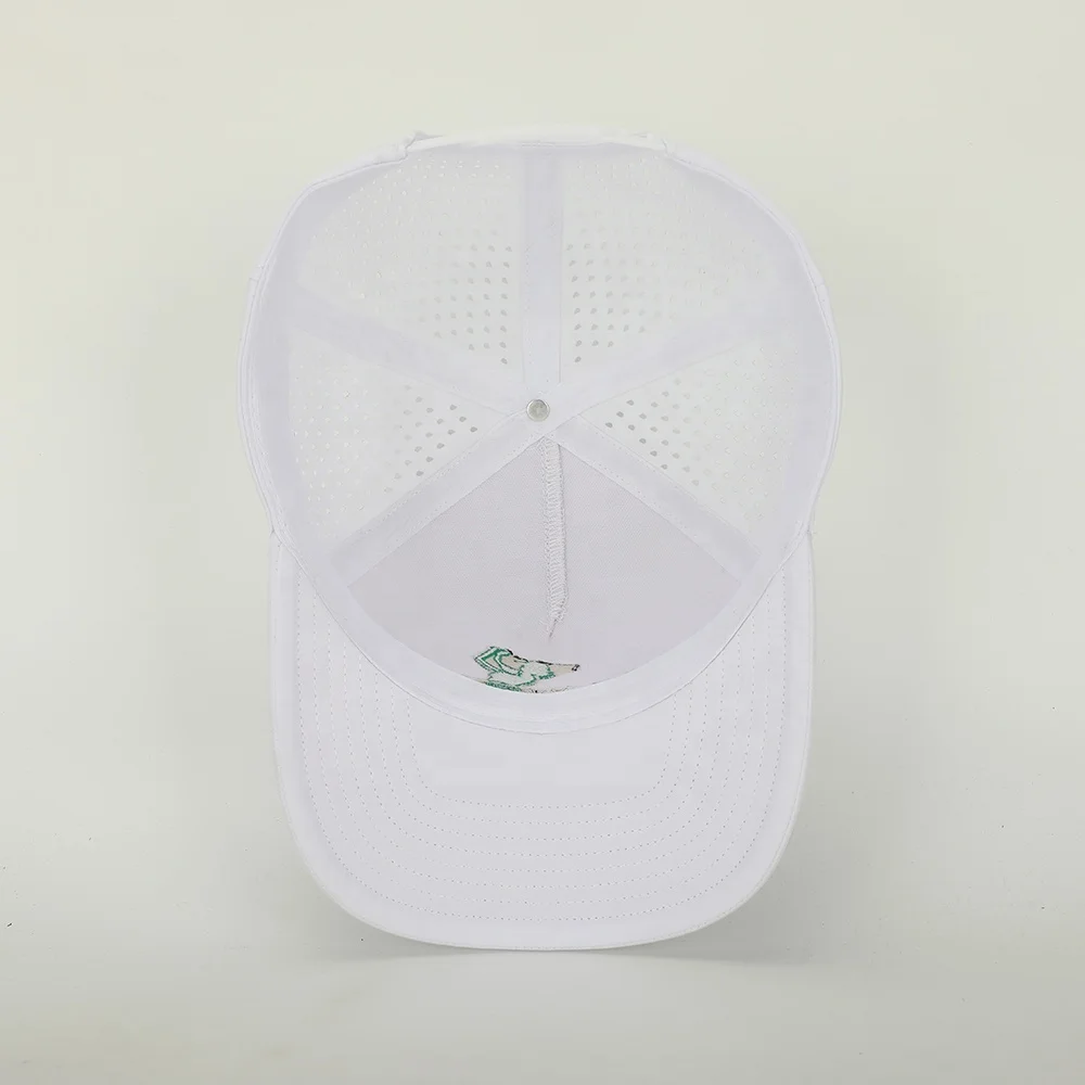 Wholesale Custom 5 Panel Outdoor Sport Hat High Quality Embroidery Logo White Polyester Golf Gorras Laser Cut Hole Baseball Cap