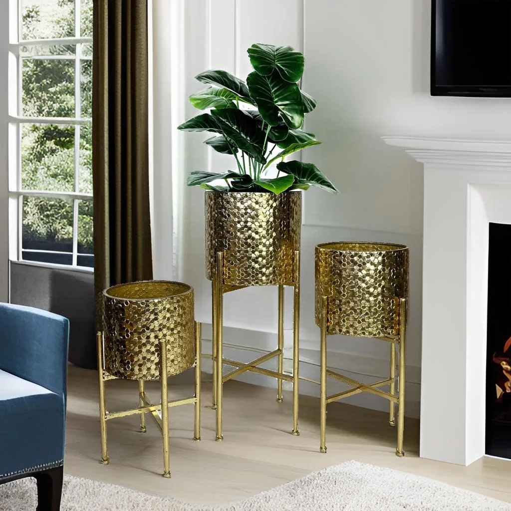 Lander Set of 3 Modern Luxury Gold Tall Floor Planters with Stands Elegant Gold Metal Plant Pots