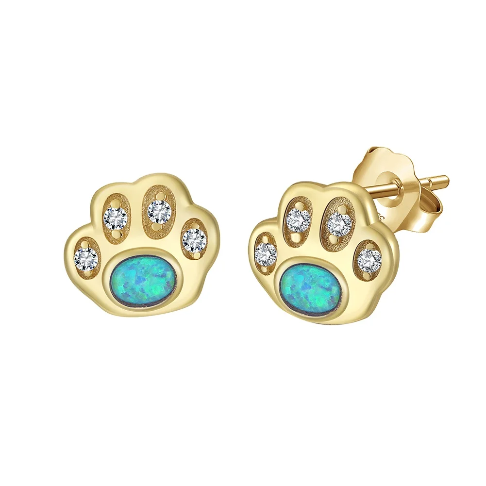 RINNTIN SE402 925 Sterling Silver Opal Zirconia Pet Paw Stud Earrings Cat Dog Earrings White Gold Plated Fine Jewelry