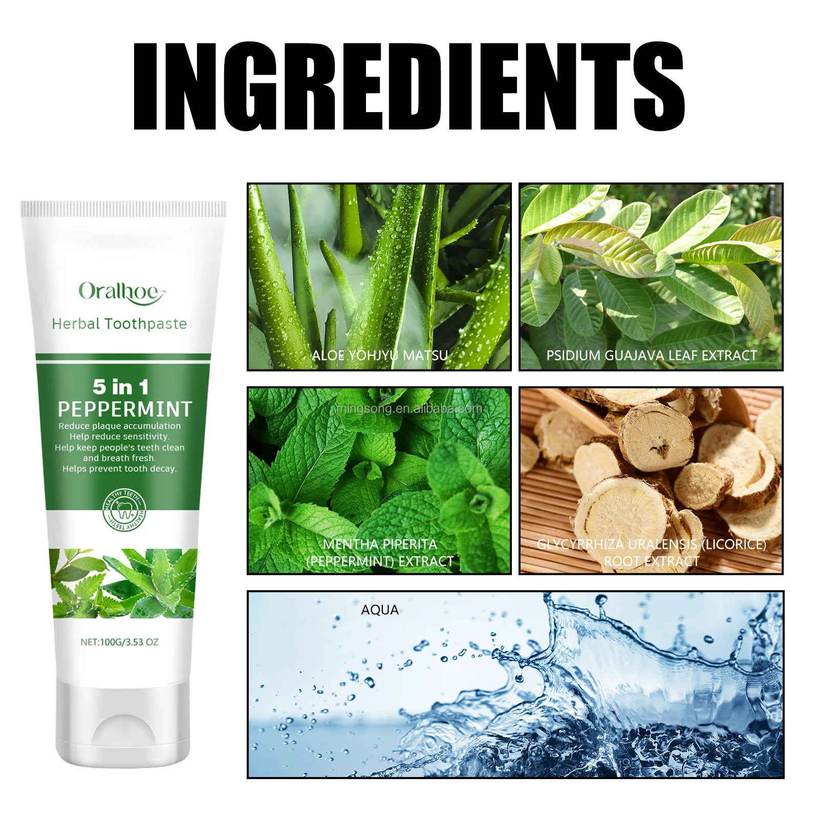 ORALHOE Oral Refreshing Whitening For Sensitive Teeth Natural Herbal Licorice Peppermint Aloe Vera Toothpaste 100ml