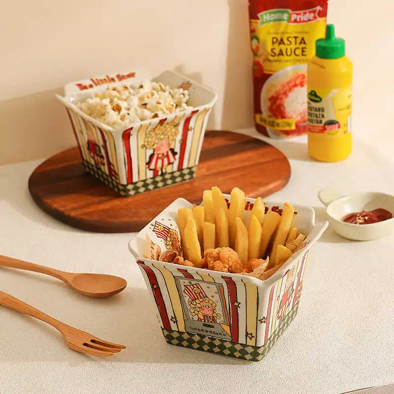 Custom Dinnerware Handmade Ceramic Popcorn Bowl Microwave Oven Safe Retro Popcorn Container Vintage Style Ceramic Bowls Kitchen