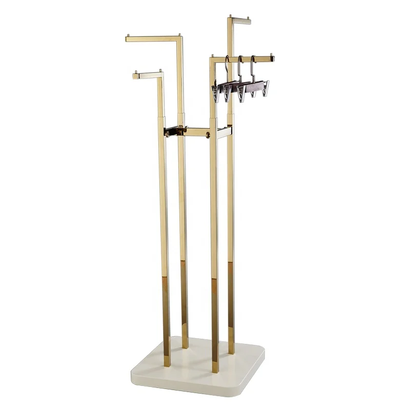 Multifunctional height adjustable golden metal 4 sides clothes display stand
