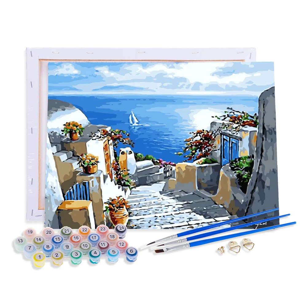 Aovia Diy Painting by numbers Seascape Scenery Handpainted Ready Frame Paint by numbers Stone Stairs On Canvas Wall art Gift