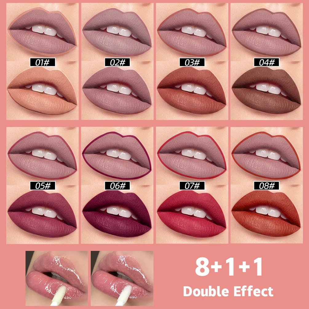 Double Headed 2 In 1 Design Matte Lipstick Lipliner Pencil Set Velvet Lip Liner Pen Clear Lip Oil Plumping