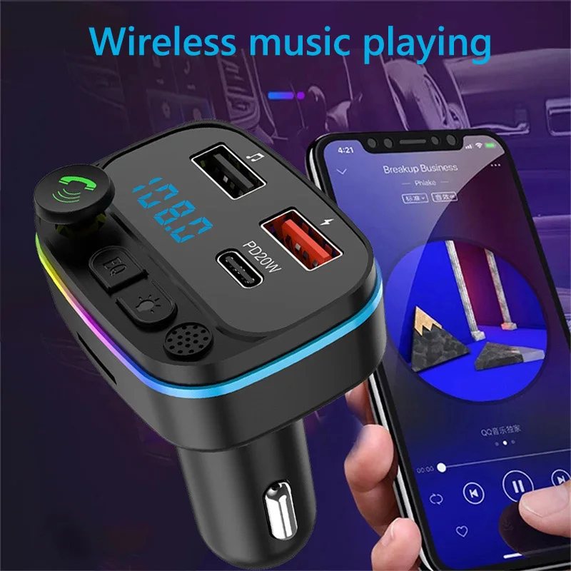 Colorful Light 2 Usb Type C PD 20W Fast Charging FM Modulator Handsfree Car Kit FM Transmitter Wireless Car Mp3 Player