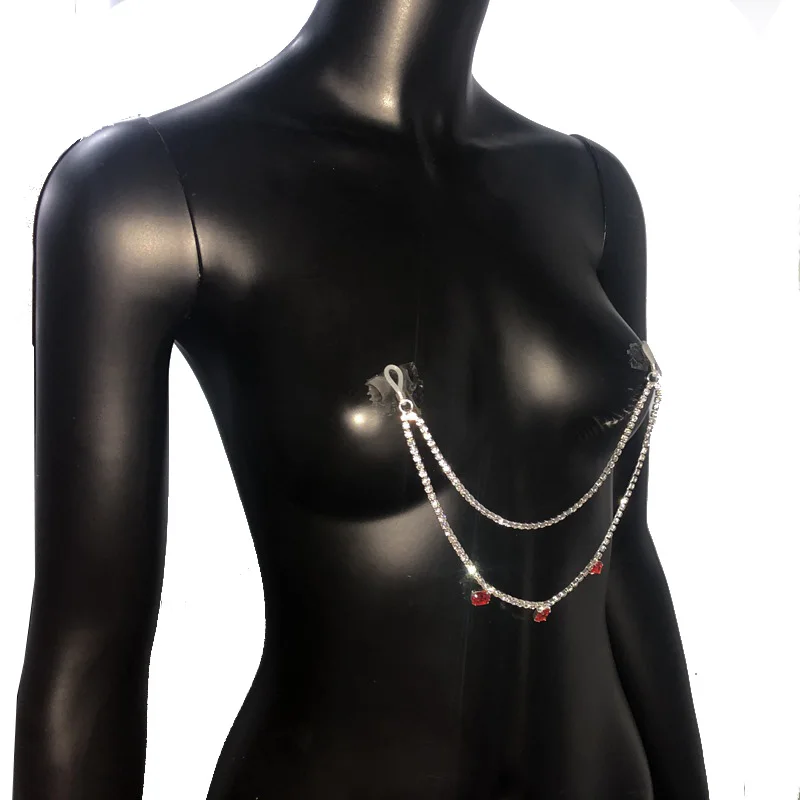  Luxury Red Crystal Rhinestone Nipple Rings Bra Chain Body Jewelry Sexy for Women Bikini Beach Dance