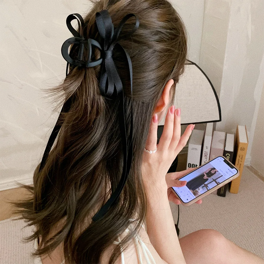 Women Hair Accessories Hair Claw with Satin Bow  Elegant long tail ribbon Bow claw Hair Clip Girls