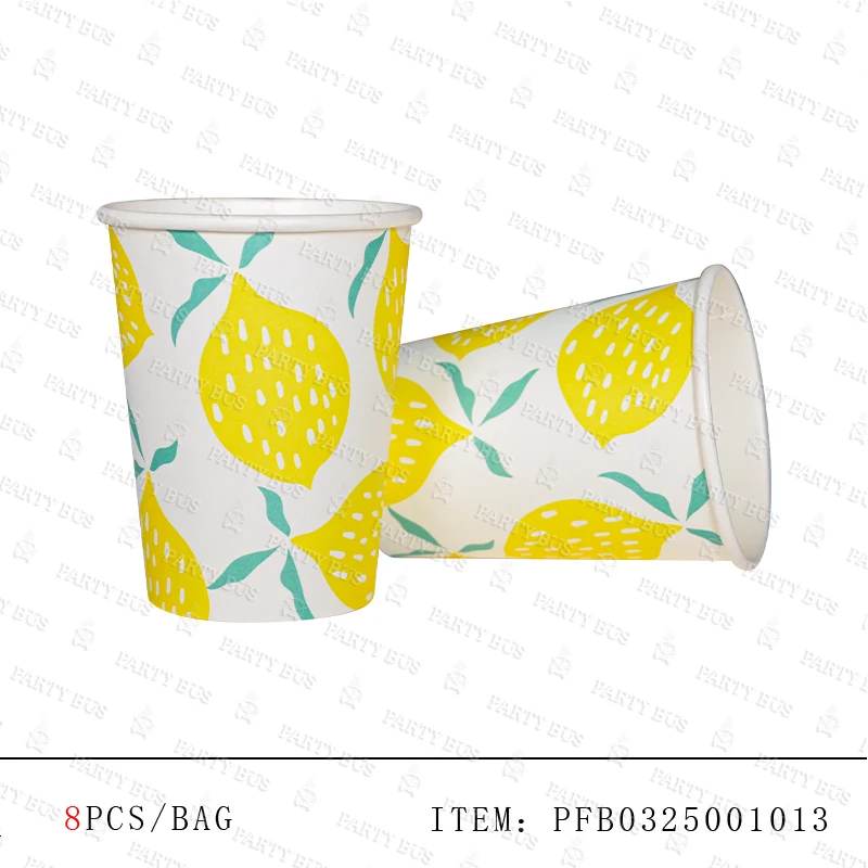 Partybus Yellow Lemon Pattern Paper Plates Cups Napkins and Cutlery Disposable Complete Tea Party Tableware Set