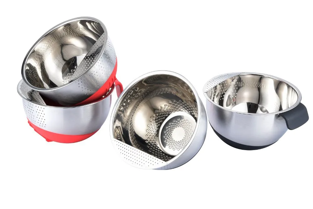 New Style Silicone Steel Bowl Salad Mixing Bowls With Handle Non-skid Stackable Metal Salad Bowl Set