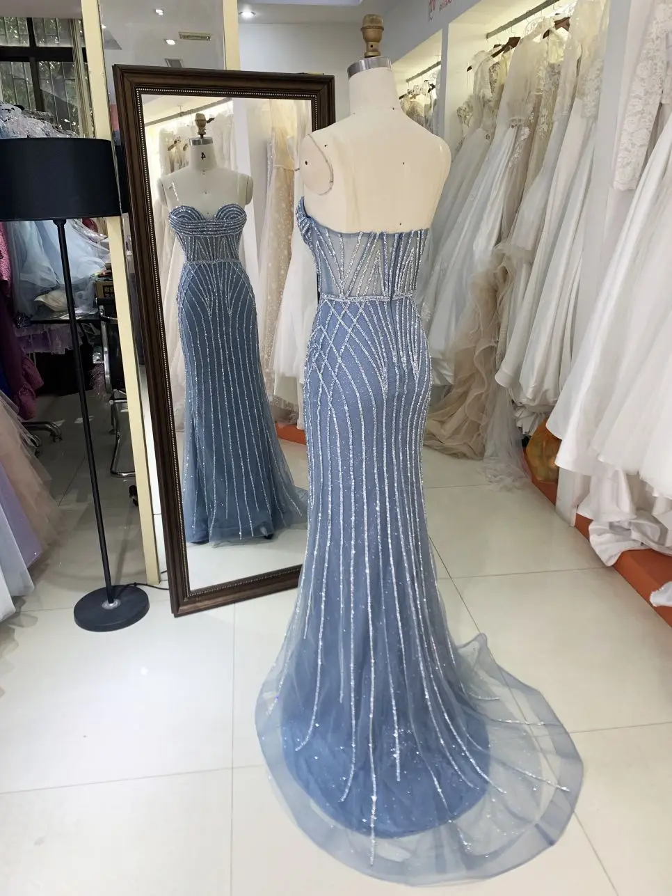 2025 smoky blue mauve black champagne Strapless mermaid hand pleated corset crystal embellished sparkling formal prom gala dress
