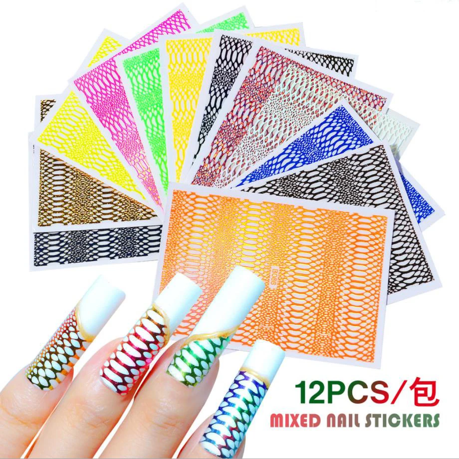 12 pcs per bag mixed color Snake Hologram Nail Stickers Animal Design Metal Snake Temporary Tattoo Manicure 3d Nail Decals