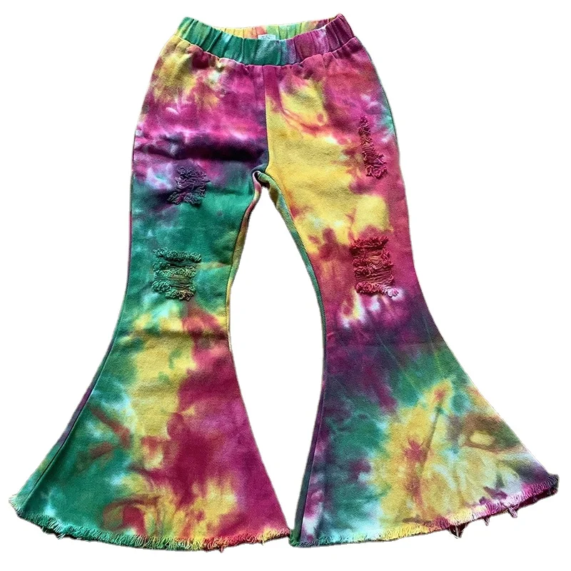 
wholesale tie-dye kids girls jeans pant new style denim flare bell bottom toddler baby pants jeans for girls 5 colors 