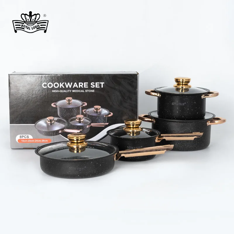 Factory wholesale 8 pieces pot set black granite cookware set marble non stick coating sauce pan stock pot frying pan
