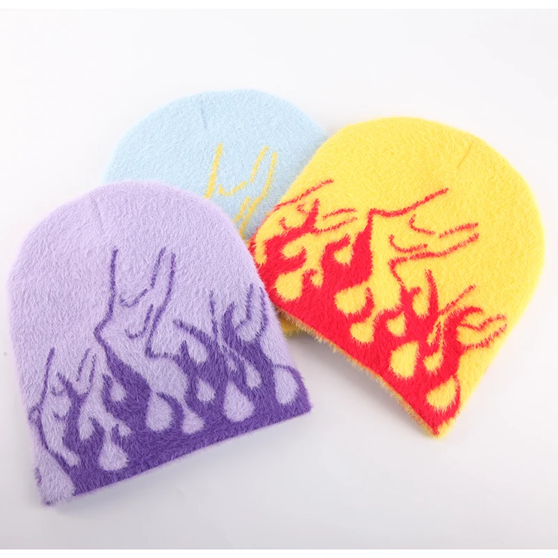 Custom Logo Y2k Big Logo Beanies High Quality fire Jacquard Knit Premium Jacquard Mohair Beanie Hat