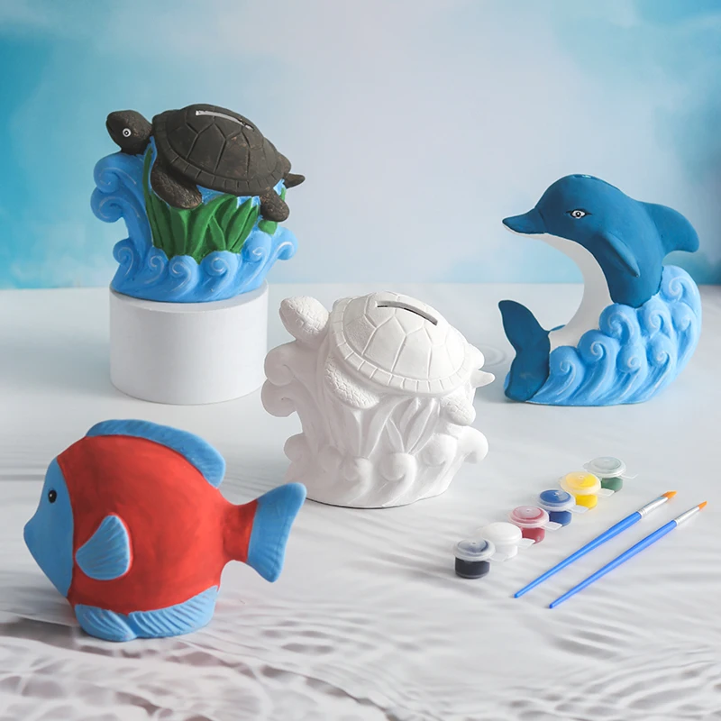 Funny design drawing kit model white fish dolphin figure doll painted ceramic DIY coloring children kids toys