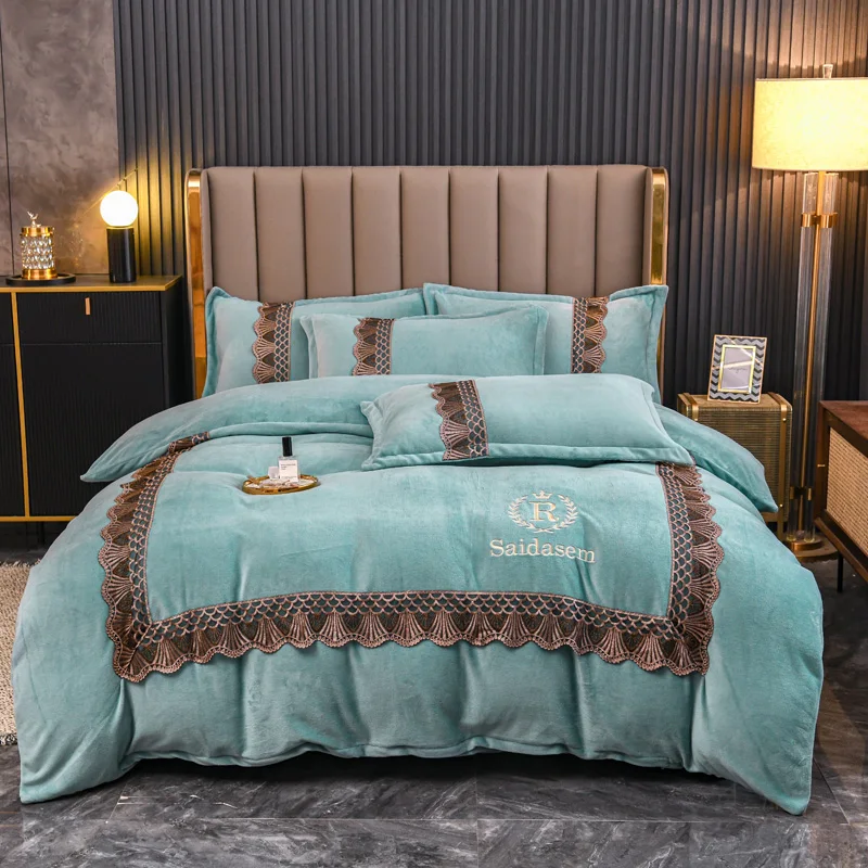 100% cotton flannel fabric 165gsm bedding set sets customized solid milk velvet embroidery duvet bedding set twin royal blue