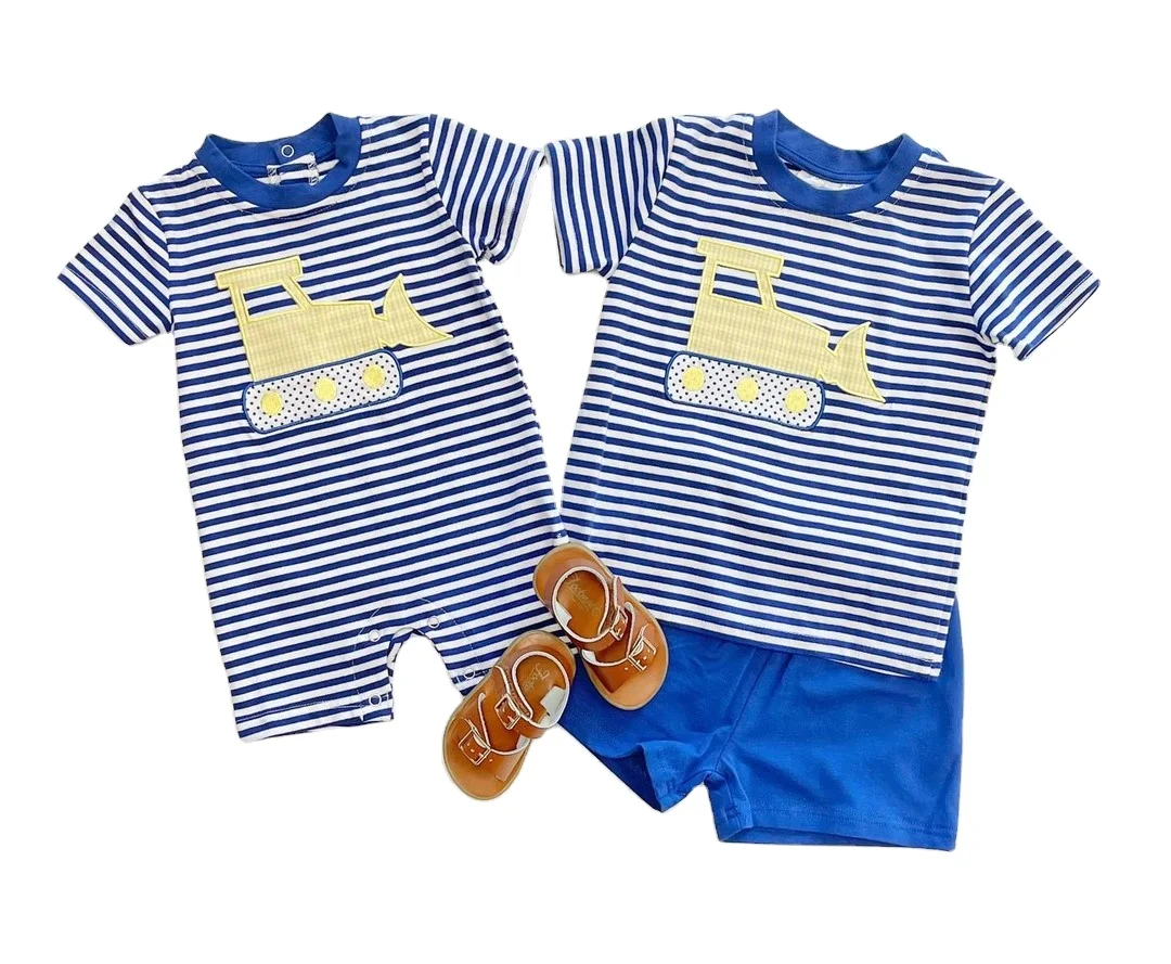Preorder Summer Truck Kids Boy T-shirt Shorts 2 Piece Outfits Stripe Blue Baby Romper Wholesale Sibling Matches Baby Clothes