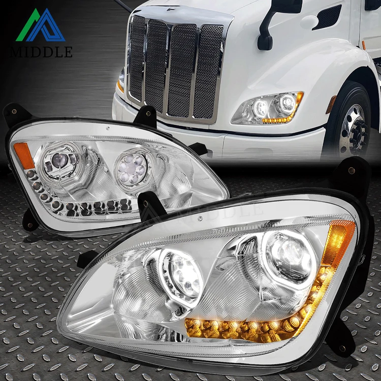 NEW ARRIVAL AMERICAN TRUCK LED DRL WITH SEQUENTIAL TURN SIGNAL CHROME STYLE HEADLIGHT FOR 2011-2020 PETERBILT 579